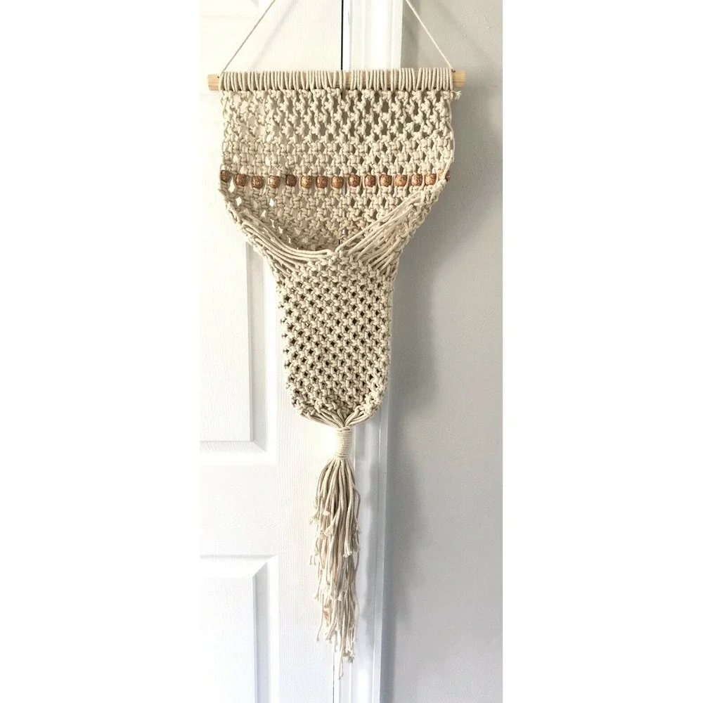 Handmade Macrame Hanging Plant Holder Hanger Wood Beads MCM Boho